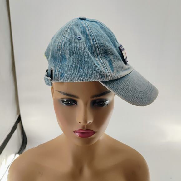 Vtg Tommy Hilfiger Jeans Adjustable Denim Baseball Flag Logo Cap Hat Leather Str - Picture 6 of 9